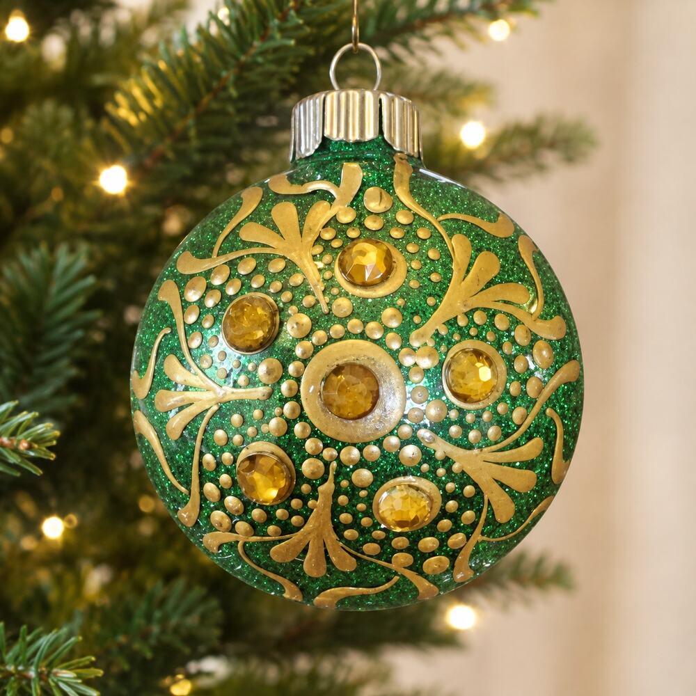 Green and Gold 3 Inch Shatterproof Hand Painted Mandala Ornament